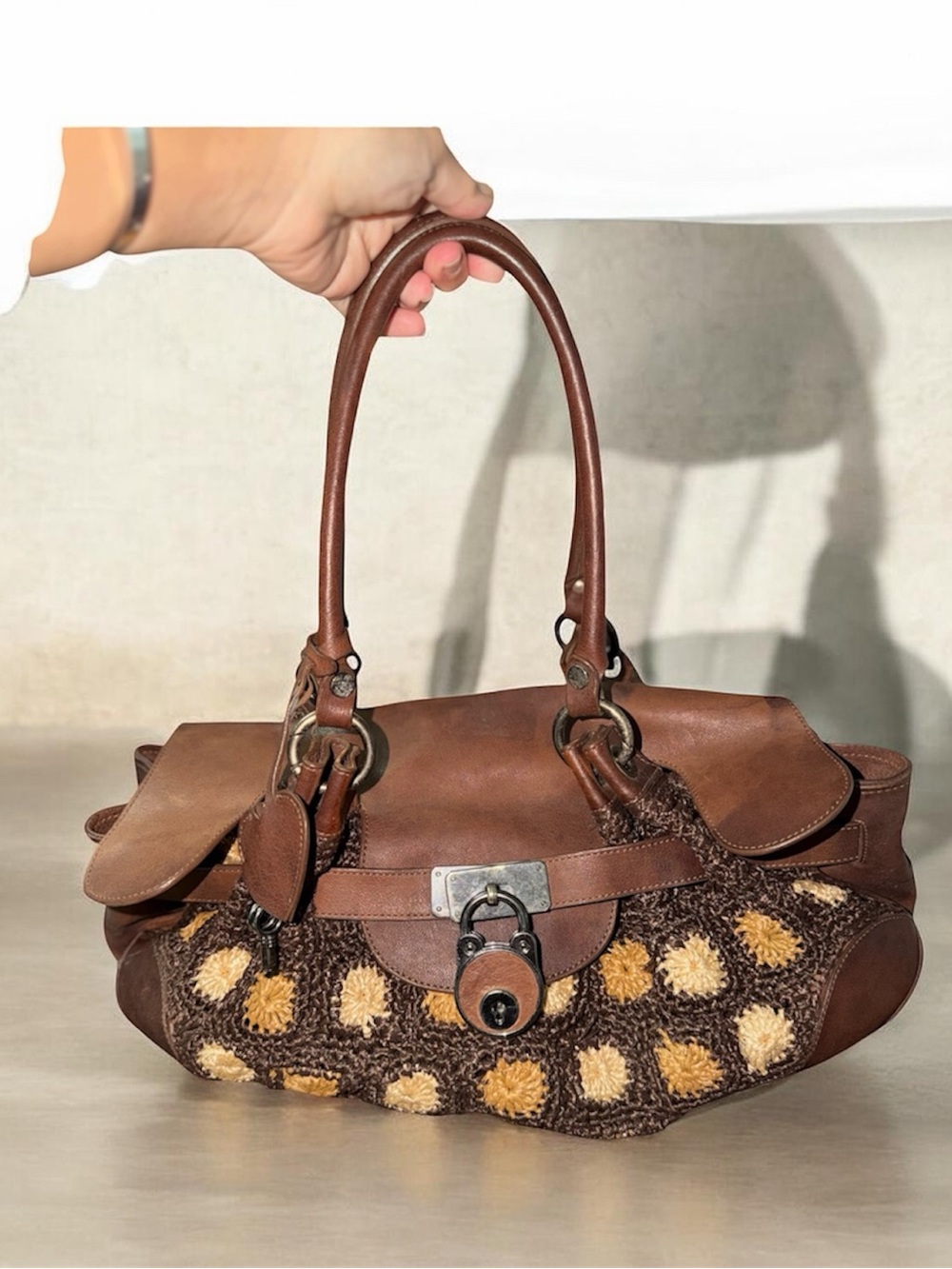 Moschino vintage Y2K Brown Leather & Crochet Tote with Yellow Acc made in Italy